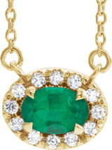14K Gold Oval Lab-Grown Emerald French-Set Halo-Style Necklace - Yellow Gold