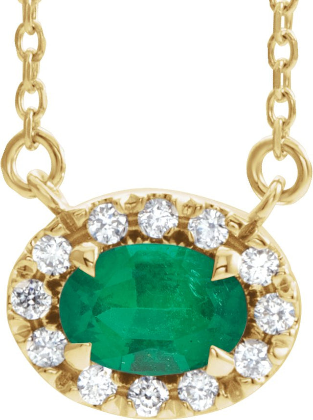 14K Gold Oval Lab-Grown Emerald French-Set Halo-Style Necklace - Yellow Gold