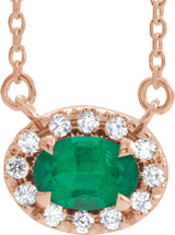 14K Gold Oval Lab-Grown Emerald French-Set Halo-Style Necklace - Rose Gold