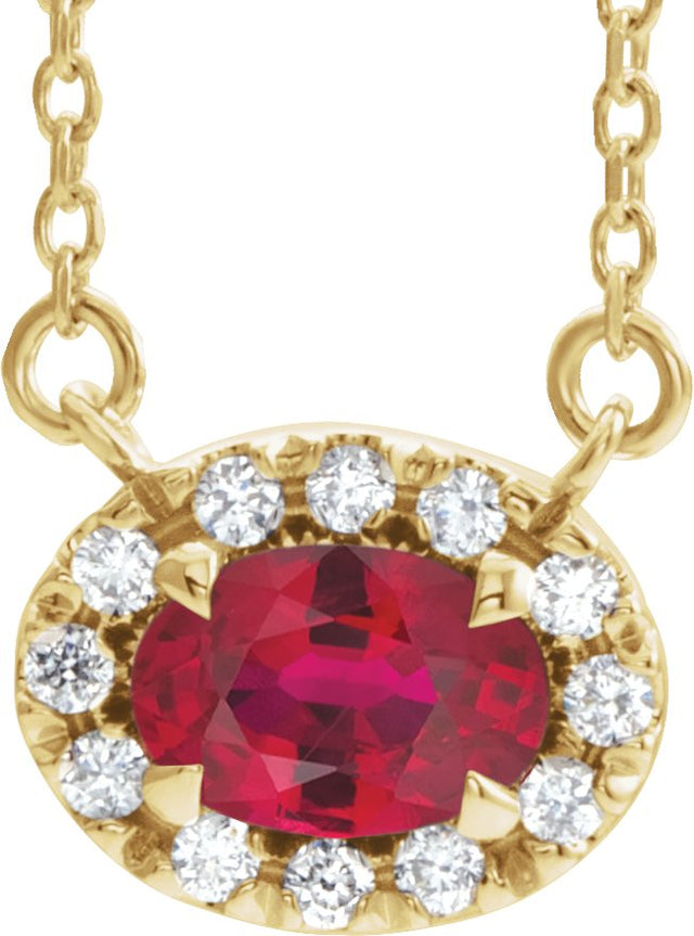 14K Gold Oval Lab-Grown Ruby French-Set Halo-Style Necklace - Yellow Gold