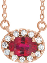 14K Gold Oval Lab-Grown Ruby French-Set Halo-Style Necklace - Rose Gold