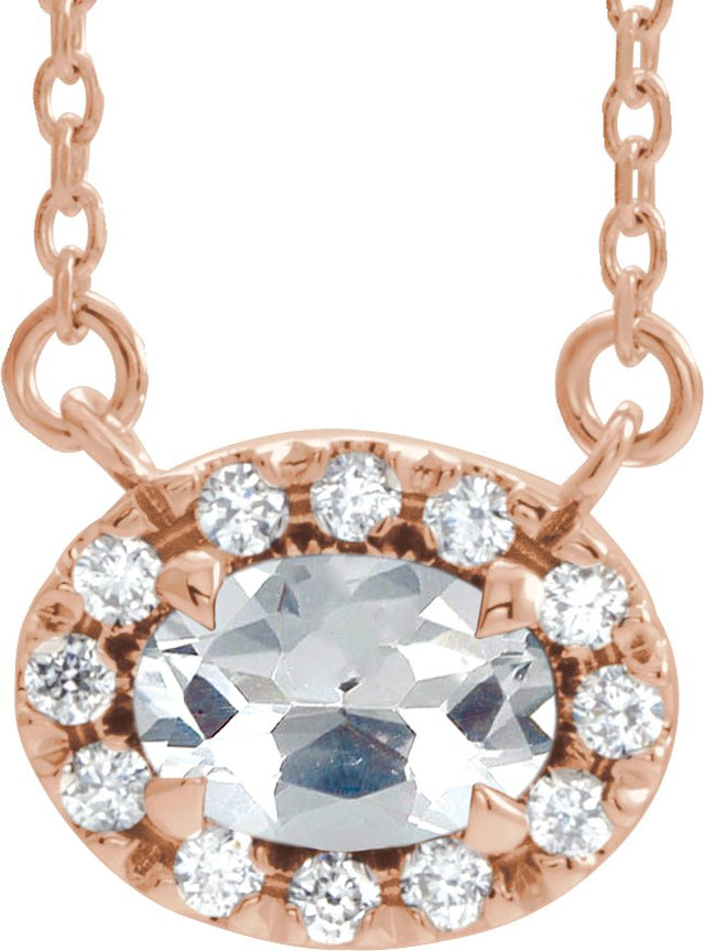 14K Gold Oval Natural Diamond French-Set Halo-Style Necklace - Rose Gold