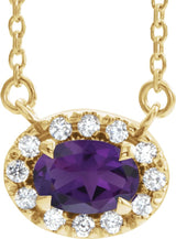 14K Gold Oval Natural Amethyst French-Set Halo-Style Necklace - Yellow Gold
