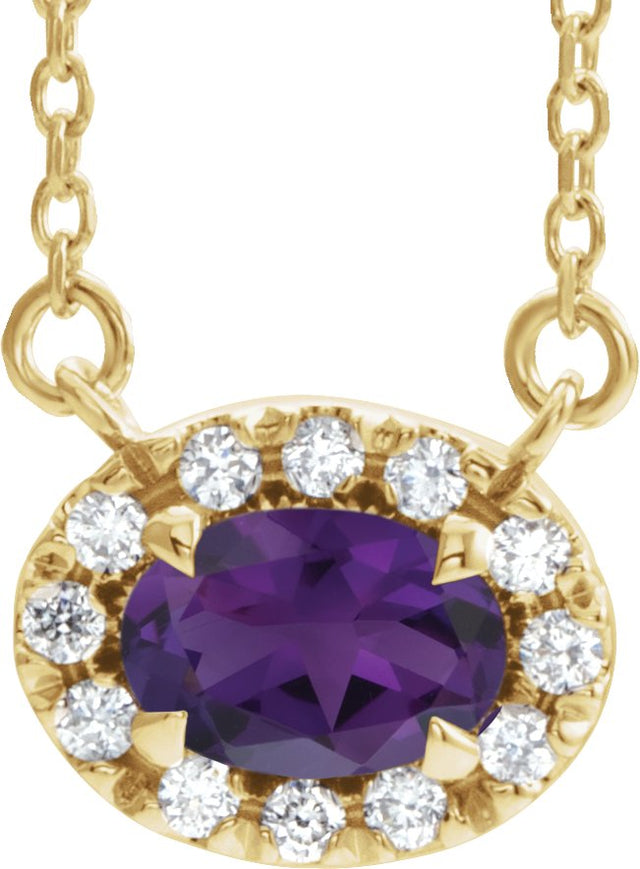 14K Gold Oval Natural Amethyst French-Set Halo-Style Necklace - Yellow Gold