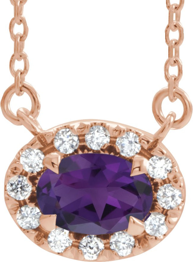 14K Gold Oval Natural Amethyst French-Set Halo-Style Necklace - Rose Gold