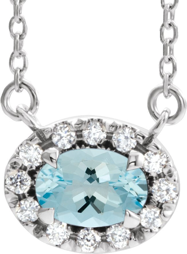 14K Gold Oval Natural Aquamarine French-Set Halo-Style Necklace - White Gold