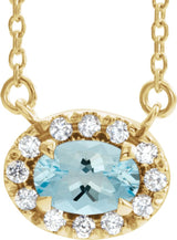 14K Gold Oval Natural Aquamarine French-Set Halo-Style Necklace - Yellow Gold