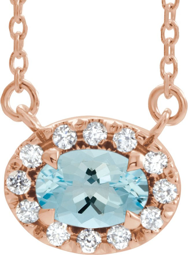 14K Gold Oval Natural Aquamarine French-Set Halo-Style Necklace - Rose Gold
