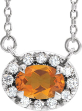 14K Gold Oval Natural Citrine French-Set Halo-Style Necklace - White Gold