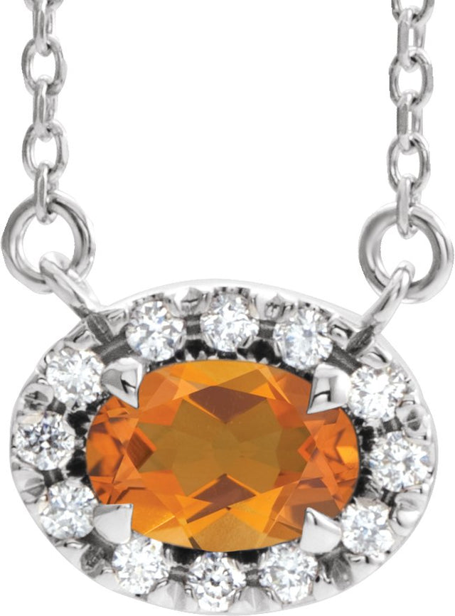 14K Gold Oval Natural Citrine French-Set Halo-Style Necklace - White Gold