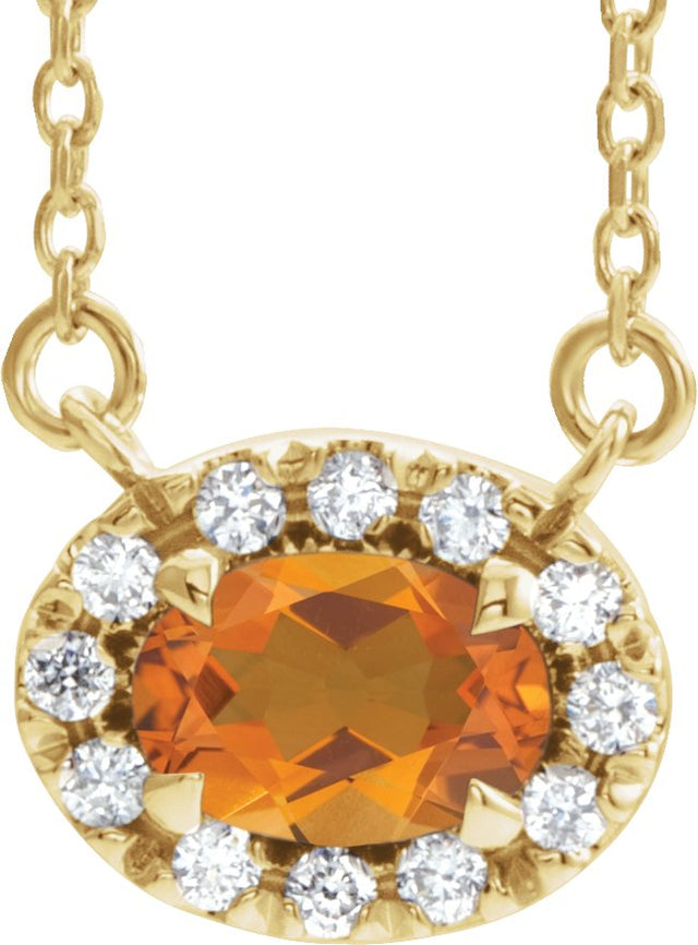 14K Gold Oval Natural Citrine French-Set Halo-Style Necklace - Yellow Gold