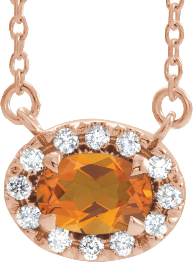 14K Gold Oval Natural Citrine French-Set Halo-Style Necklace - Rose Gold
