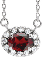 Platinum Oval Natural Mozambique Garnet French-Set Halo-Style Necklace