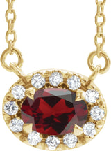 14K Gold Oval Natural Mozambique Garnet French-Set Halo-Style Necklace - Yellow Gold