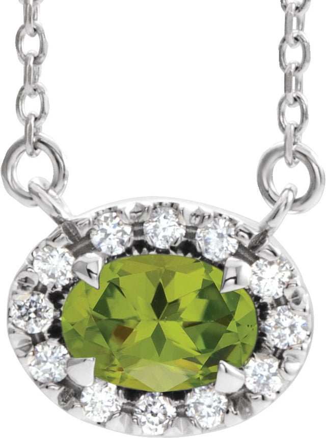 14K Gold Oval Natural Peridot French-Set Halo-Style Necklace - White Gold