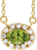 14K Gold Oval Natural Peridot French-Set Halo-Style Necklace - Yellow Gold