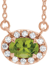 14K Gold Oval Natural Peridot French-Set Halo-Style Necklace - Rose Gold