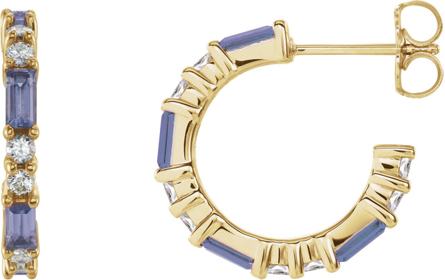 14K Gold Straight Baguette Natural Tanzanite Accented Hoop Earrings - Yellow Gold