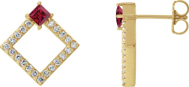 14K Gold Square Natural Ruby Accented Geometric Earrings - Yellow Gold