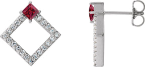 14K Gold Square Natural Ruby Accented Geometric Earrings - White Gold