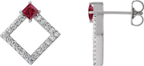 Platinum Square Natural Ruby Accented Geometric Earrings