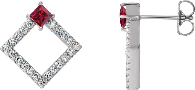 Platinum Square Natural Ruby Accented Geometric Earrings