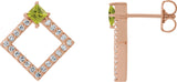 14K Gold Square Natural Peridot Accented Geometric Earrings - Rose Gold