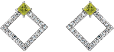 Platinum Square Natural Peridot Accented Geometric Earrings - view 2
