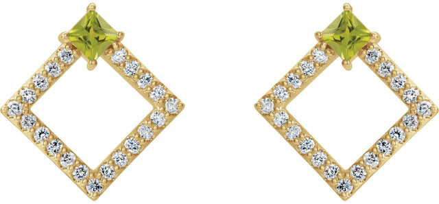 14K Gold Square Natural Peridot Accented Geometric Earrings - Yellow Gold - view 3