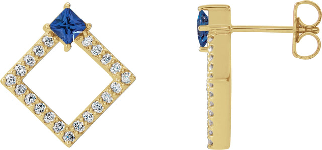 14K Gold Square Natural Tanzanite Accented Geometric Earrings - Yellow Gold