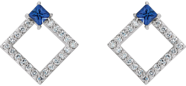Platinum Square Natural Blue Sapphire Accented Geometric Earrings - view 2