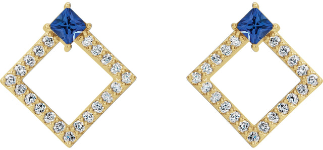 14K Gold Square Natural Blue Sapphire Accented Geometric Earrings - Yellow Gold - view 2