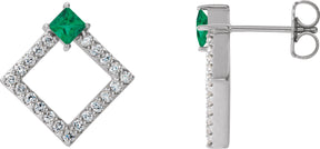 Platinum Square Natural Emerald Accented Geometric Earrings