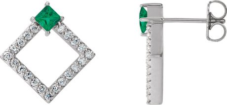 Platinum Square Natural Emerald Accented Geometric Earrings
