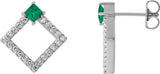 14K Gold Square Natural Emerald Accented Geometric Earrings - White Gold