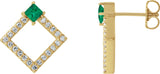 14K Gold Square Natural Emerald Accented Geometric Earrings - Yellow Gold