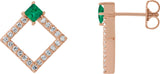 14K Gold Square Natural Emerald Accented Geometric Earrings - Rose Gold