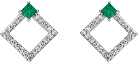 Platinum Square Natural Emerald Accented Geometric Earrings - view 2