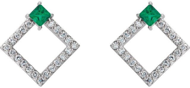 Platinum Square Natural Emerald Accented Geometric Earrings - view 2