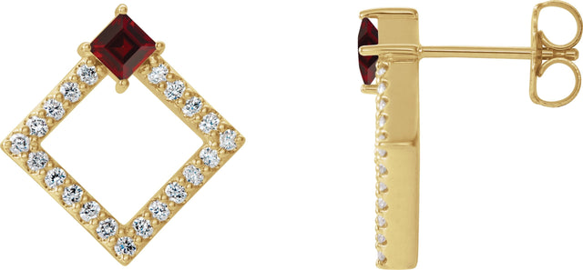 14K Gold Square Natural Mozambique Garnet Accented Geometric Earrings - Yellow Gold