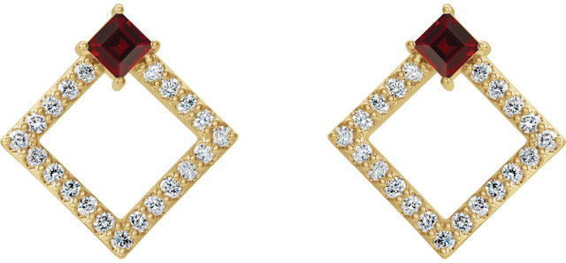14K Gold Square Natural Mozambique Garnet Accented Geometric Earrings - Yellow Gold - view 2