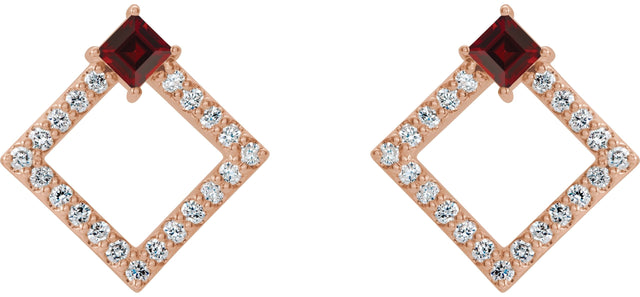 14K Gold Square Natural Mozambique Garnet Accented Geometric Earrings - Rose Gold - view 2