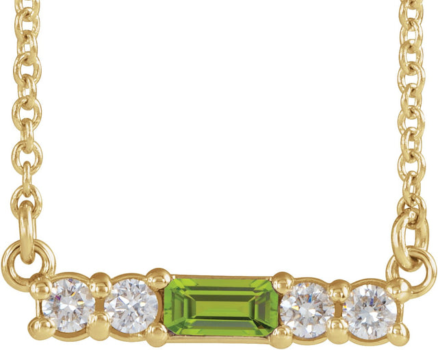 14K Gold Straight Baguette Natural Peridot Accented Bar Necklace – 1/8 CTW - Yellow Gold