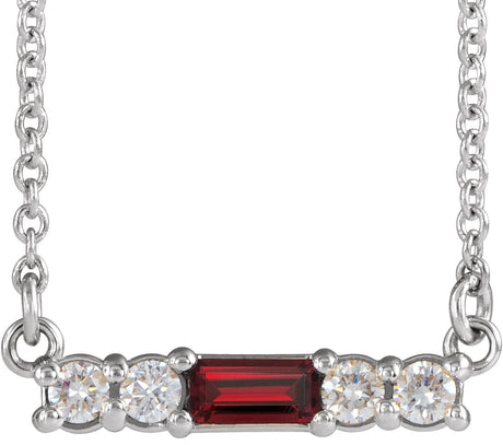 Platinum Straight Baguette Natural Mozambique Garnet Accented Bar Necklace – 1/8 CTW