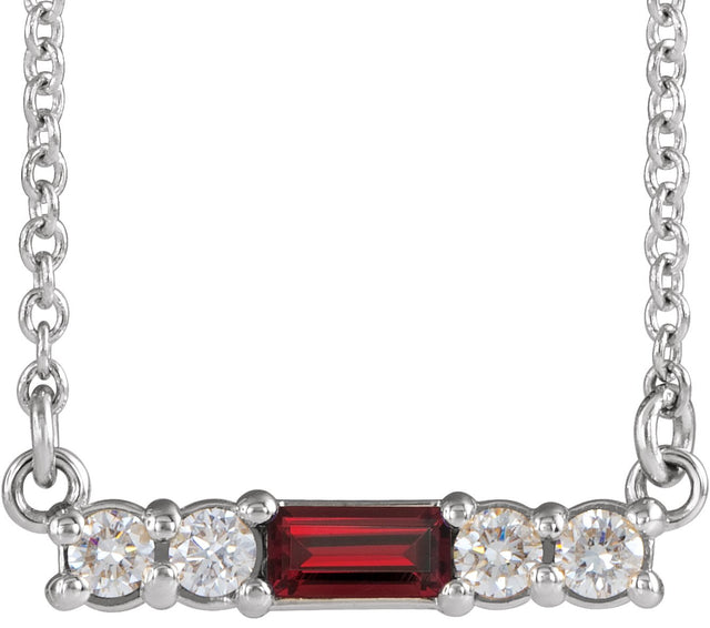 Platinum Straight Baguette Natural Mozambique Garnet Accented Bar Necklace – 1/8 CTW