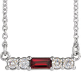 14K Gold Straight Baguette Natural Mozambique Garnet Accented Bar Necklace – 1/8 CTW - White Gold