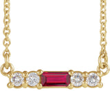 14K Gold Straight Baguette Natural Ruby Accented Bar Necklace – 1/8 CTW - Yellow Gold
