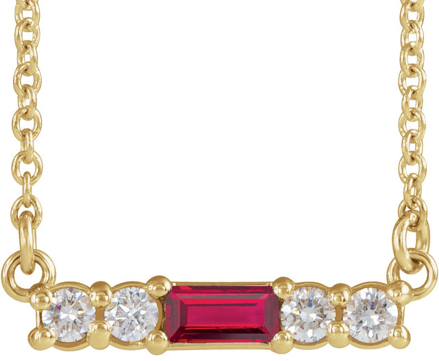 14K Gold Straight Baguette Natural Ruby Accented Bar Necklace – 1/8 CTW - Yellow Gold