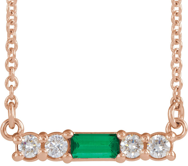 14K Gold Straight Baguette Natural Emerald Accented Bar Necklace – 1/8 CTW - Rose Gold