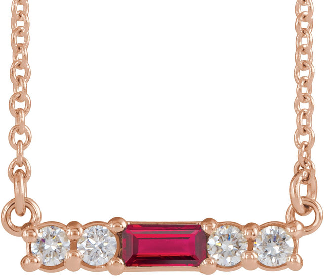 14K Gold Straight Baguette Natural Ruby Accented Bar Necklace – 1/8 CTW - Rose Gold